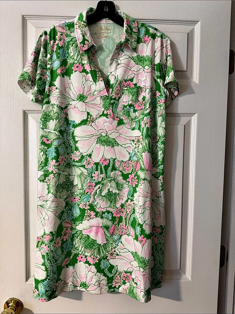 Lilly Pulitzer Dune UPF 50+ Short Sleeve Dress Floral Green & Pink Size Large